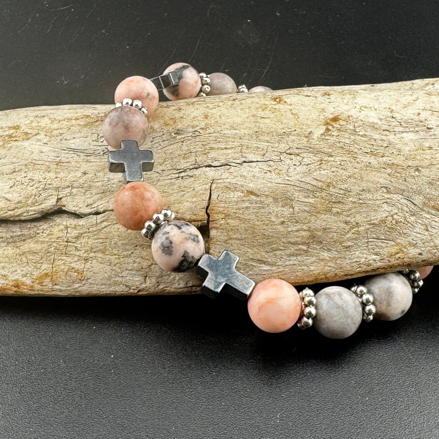 Pink Rhodochrysolite Bracelet with Hematite Crosess 7.5"