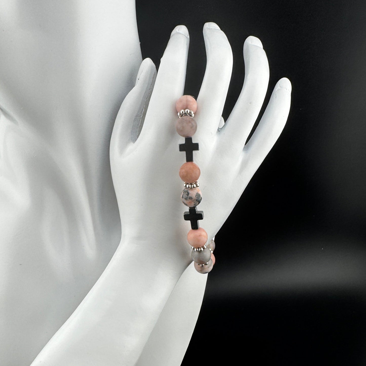 Pink Rhodochrysolite Bracelet with Hematite Crosess 7.5"