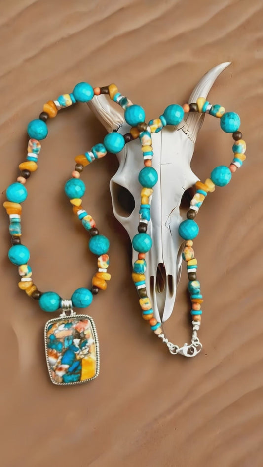 Unique Necklace with a 925 Silver,  Spiny Oyster Turquoise, Copper, and Amber Gemstones 26”