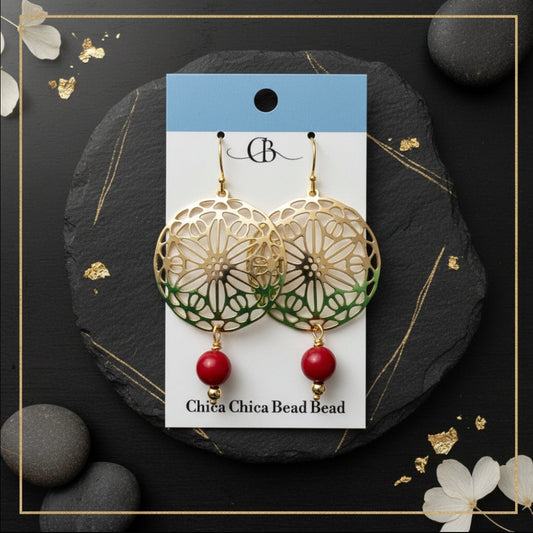 Earrings | 18K GP Filagree Flower | Gemstone Beads | 2.5"