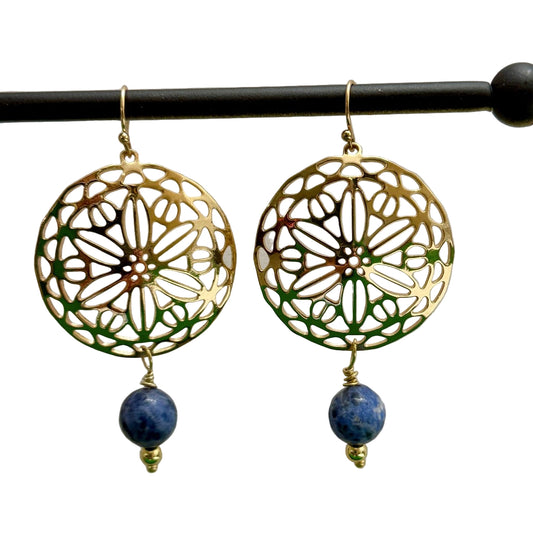 Blue Earrings | 18K GP Filagree Flower | Blue Gemstone | 2.5"