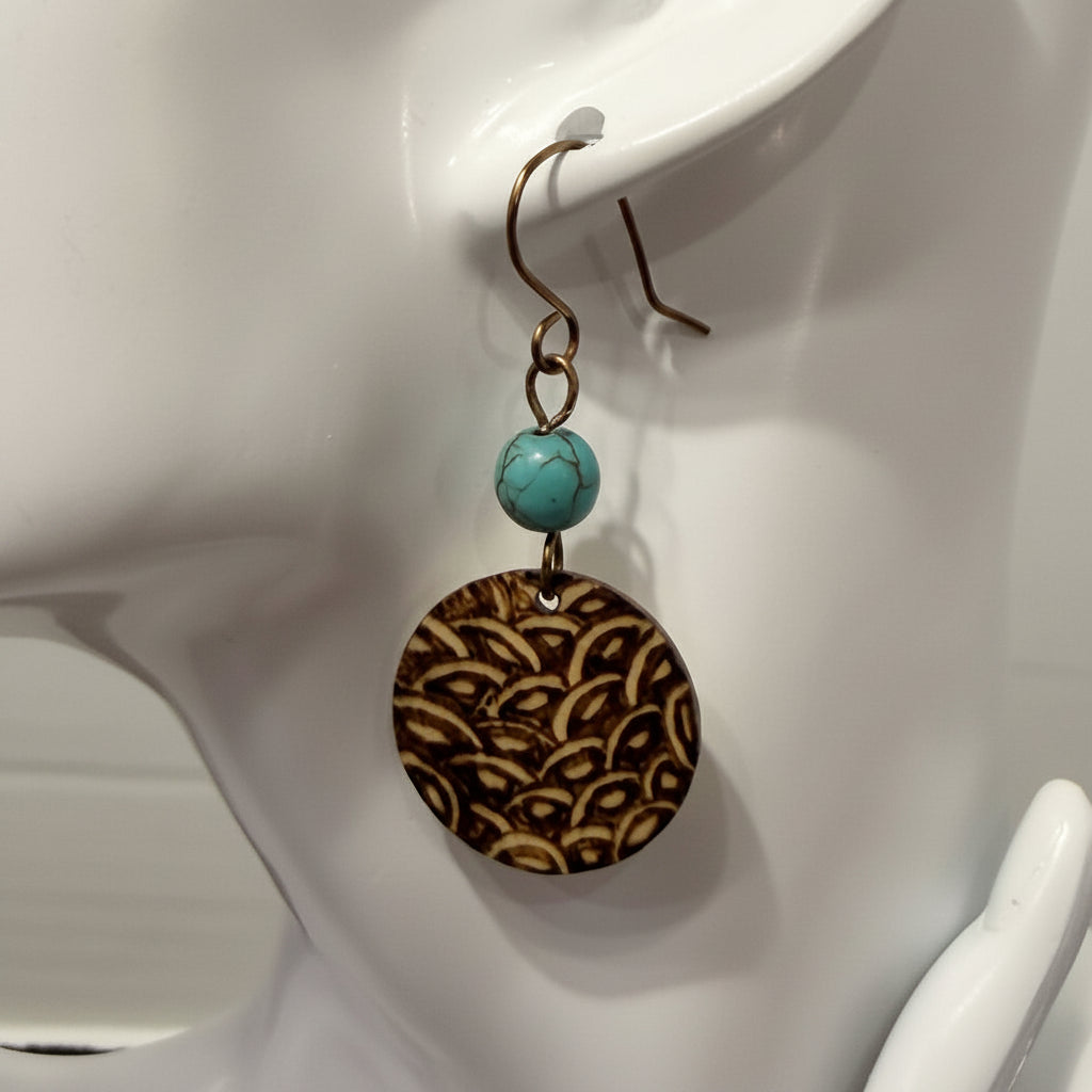 Earrings | Round Shape | Zentangle Design | Wood-burned | Turquoise Beads | 2"