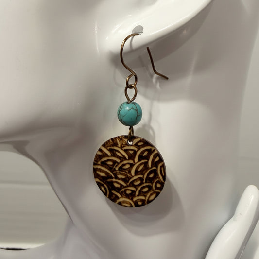 Earrings | Round Shape | Zentangle Design | Wood-burned | Turquoise Beads | 2"