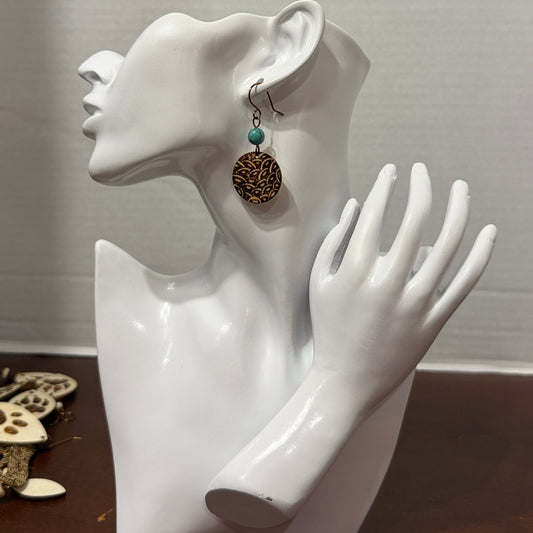 Earrings | Round Shape | Zentangle Design | Wood-burned | Turquoise Beads | 2"