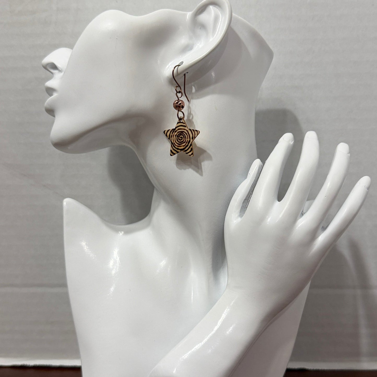 Earrings | Star Shape | Wood-burned | Circular Swirls  | Copper-Plated Lava Stones | Small | 2”