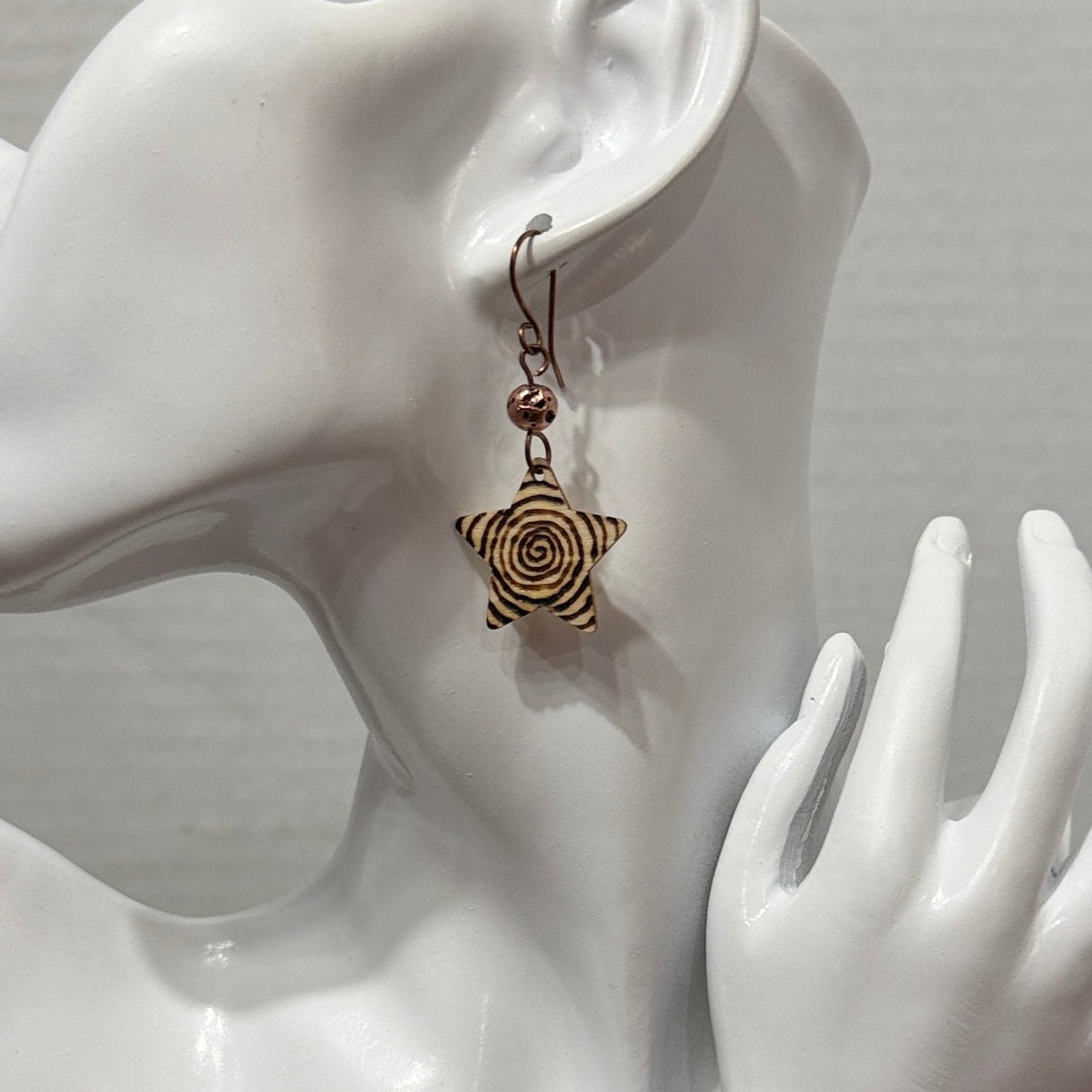 Earrings | Star Shape | Wood-burned | Circular Swirls  | Copper-Plated Lava Stones | Small | 2”