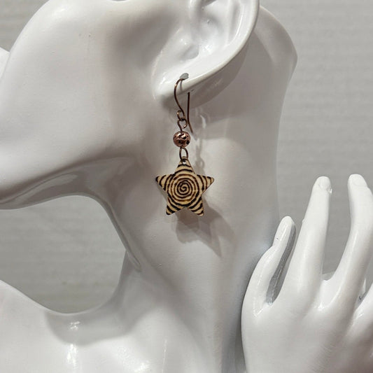 Earrings | Star Shape | Wood-burned | Circular Swirls  | Copper-Plated Lava Stones | Small | 2”