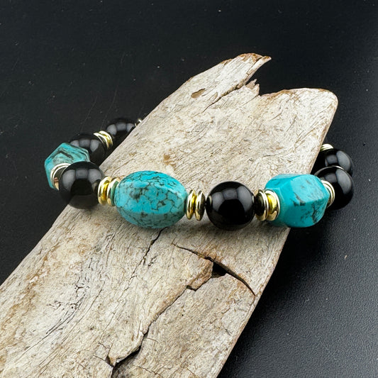 Turquoise and Onyx Bracelet 7.5"