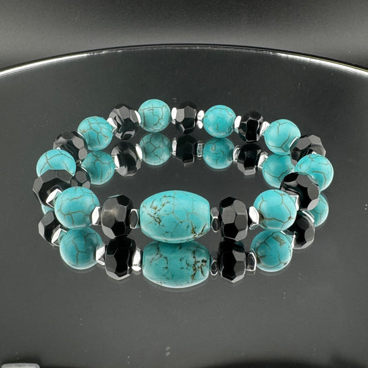 Turquoise Magnetite and Onyx Gemstone Bracelet 7.5"