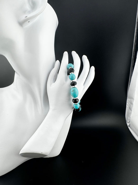 Turquoise Magnetite and Onyx Gemstone Bracelet 7.5"