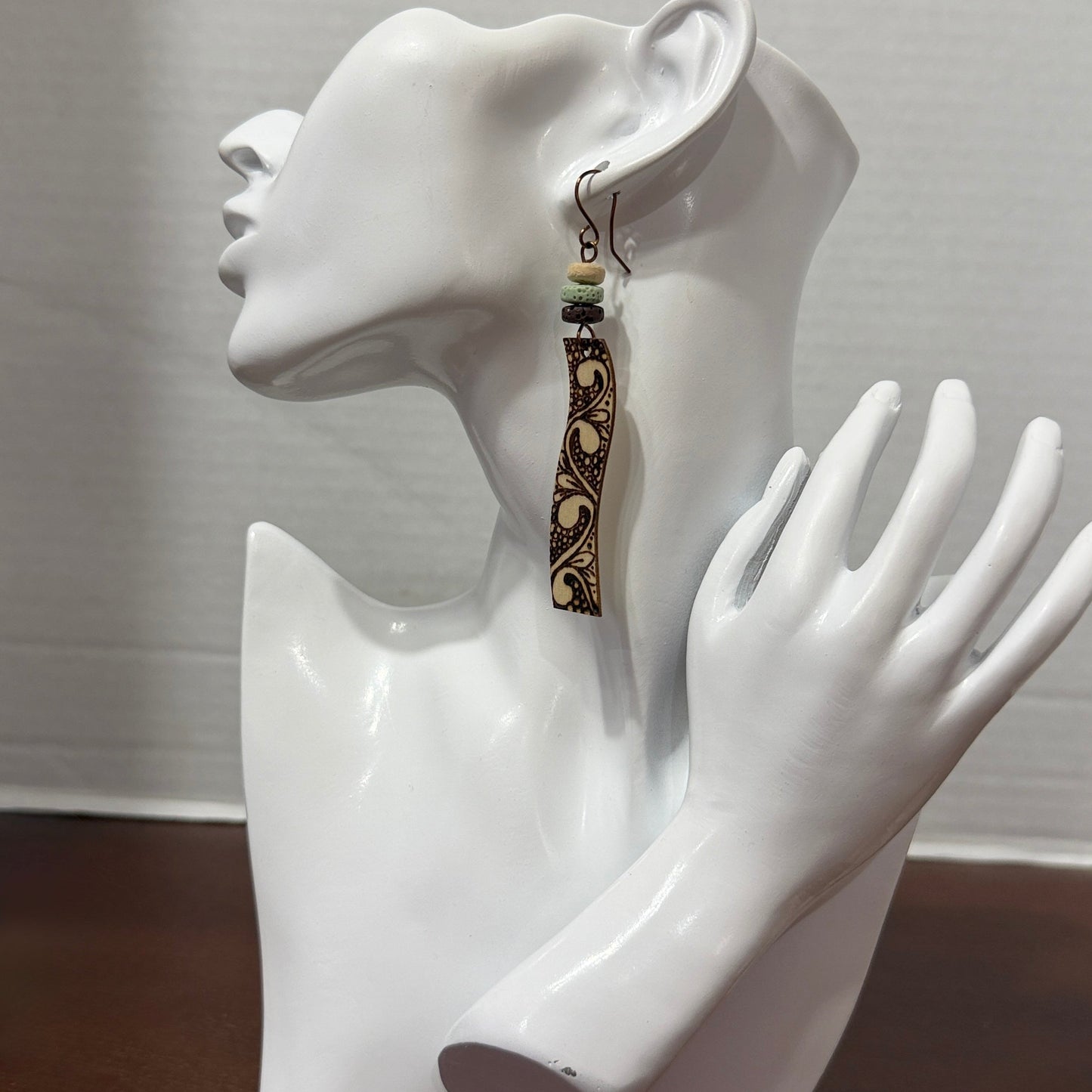 Earrings | Wave Shape | Zentangled Design | Wood-burned | | Lava Stones | Long | Large | 3.5"