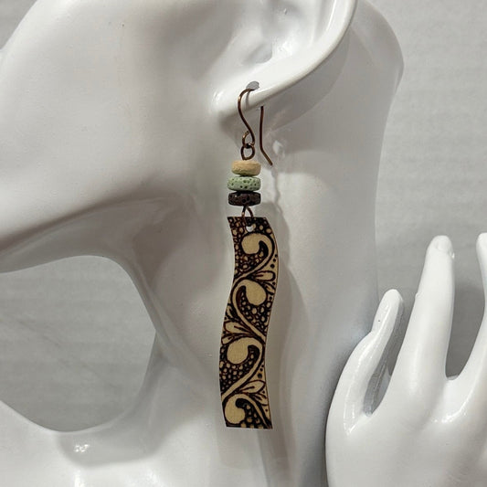 Earrings | Wave Shape | Zentangled Design | Wood-burned | | Lava Stones | Long | Large | 3.5"