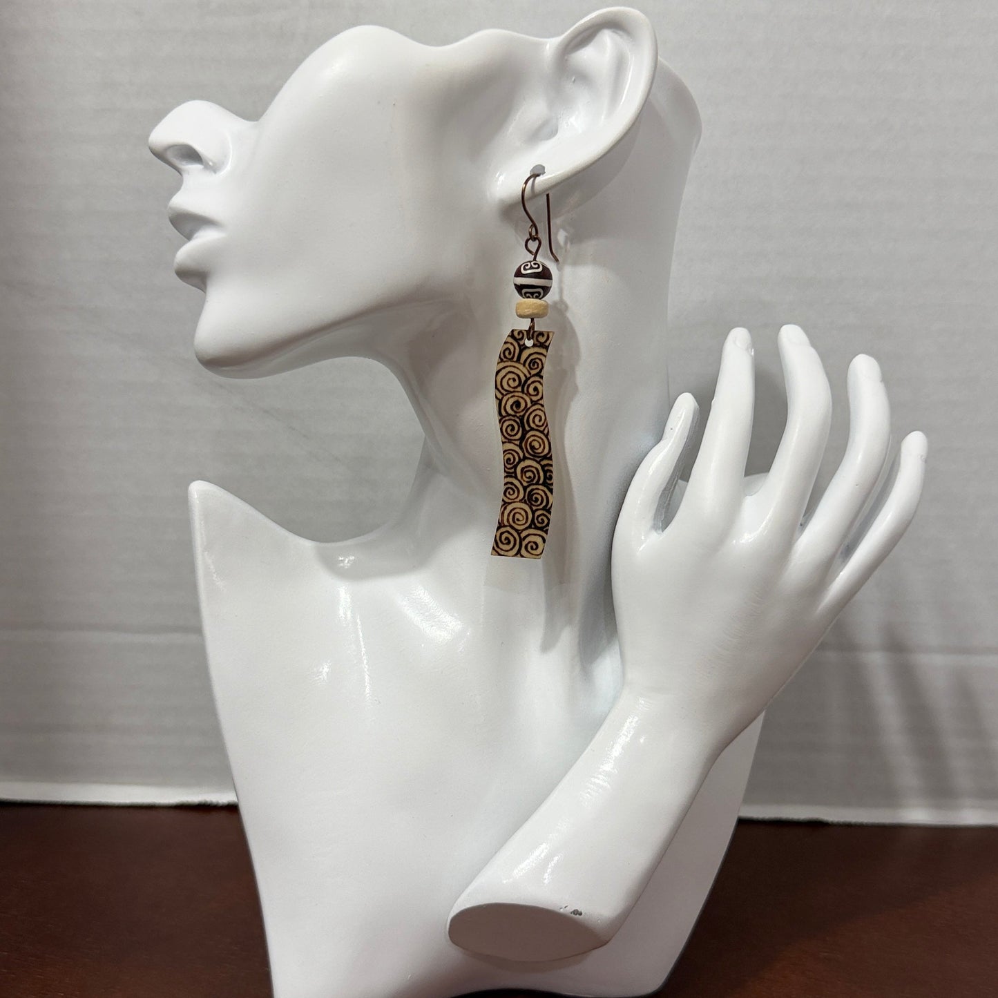 Earrings | Wave Shape | Zentangled Design | Wood-burned | | Hand-painted Wooden Beads | Long | Large | 3.5"