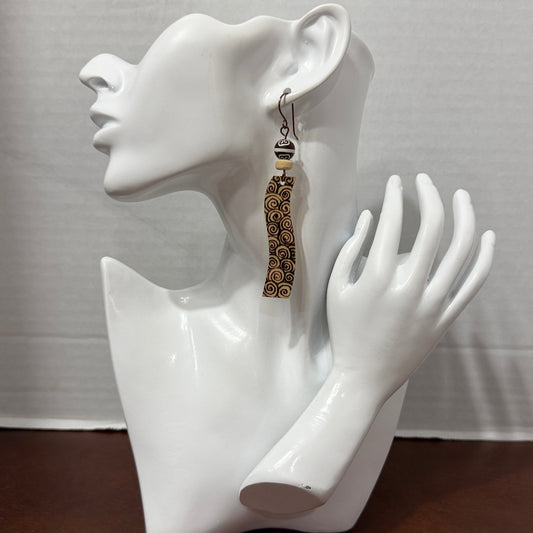 Earrings | Wave Shape | Zentangled Design | Wood-burned | | Hand-painted Wooden Beads | Long | Large | 3.5"