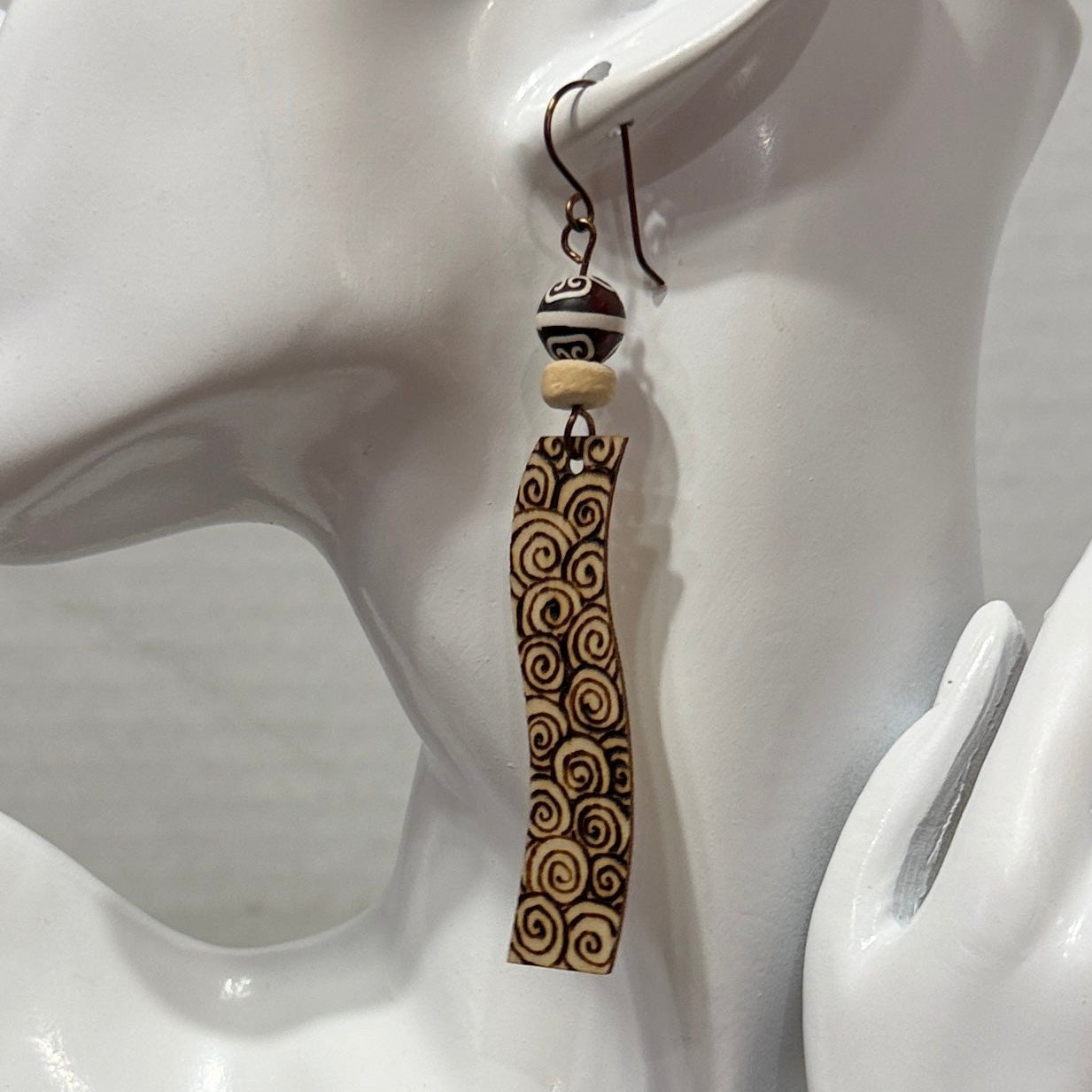 Earrings | Wave Shape | Zentangled Design | Wood-burned | | Hand-painted Wooden Beads | Long | Large | 3.5"